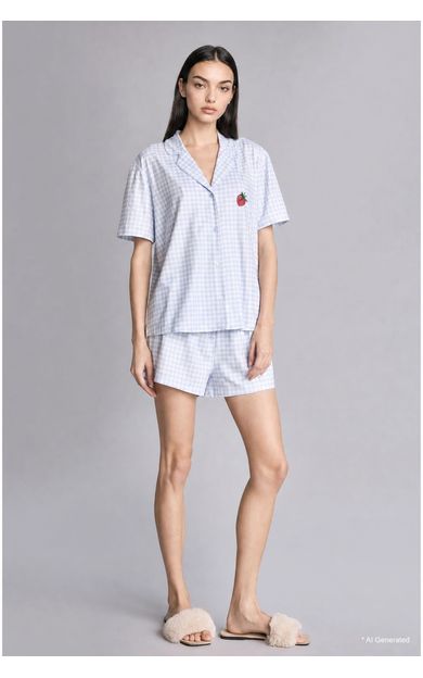 DeFacto Regular Fıt Şortlu Kısa Kollu 2'li Kareli Softshell Açık Mavi Pijama Takımı