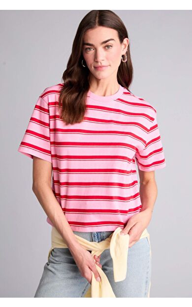DeFacto Relax Fıt Bisiklet Yaka Çizgili Kısa Kollu Tişört