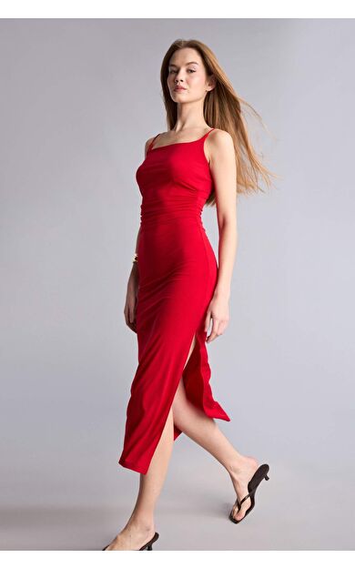 DeFacto Bodycon Vücudu Saran Kare Yaka Askılı Maxi Elbise