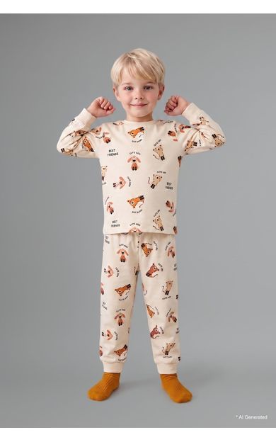 DeFacto %100 Pamuk Uzun Kollu Bisiklet Yaka Üst Jogger Alt Hayvan Baskılı 2'li Pijama Takımı Erkek Bebek