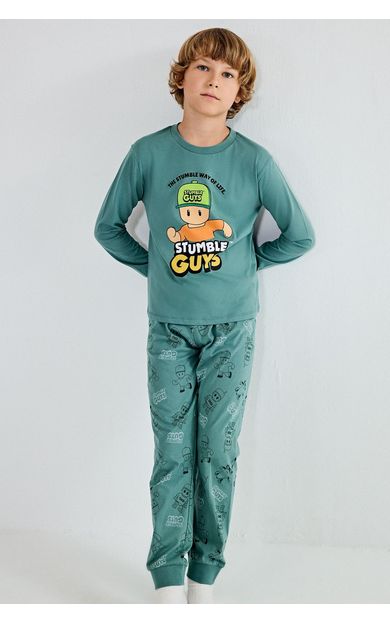 DeFacto Stumble Guys Baskılı Bisiklet Yaka Uzun Kollu Üst Elastik Bel Alt 2'li Pijama Takımı Erkek Çocuk