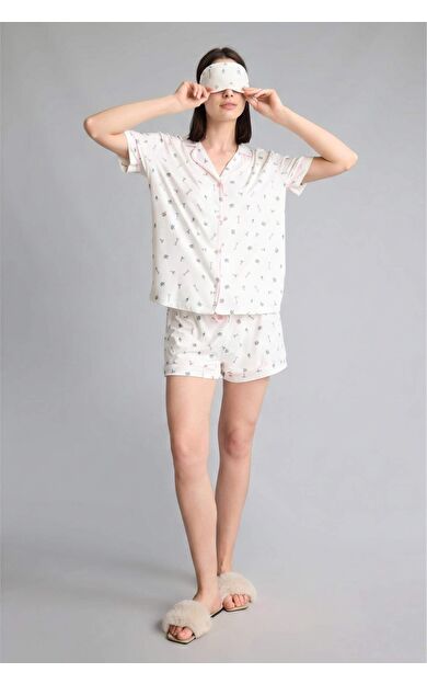 DeFacto Regular Fıt Şortlu Kısa Kollu 2'li Desenli Softshell Ecru Pijama Takımı