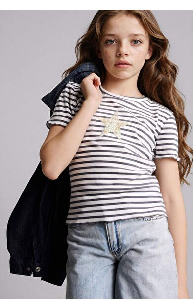 DeFacto Yıldız Desenli Fitilli Kaşkorse Tişört Kız Çocuk