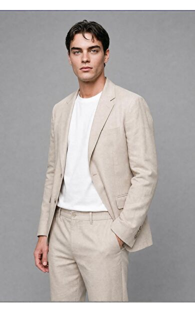 DeFacto Regular Fıt Keten Karışımlı Bej Blazer Ceket