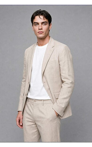 DeFacto Regular Fıt Keten Karışımlı Bej Blazer Ceket