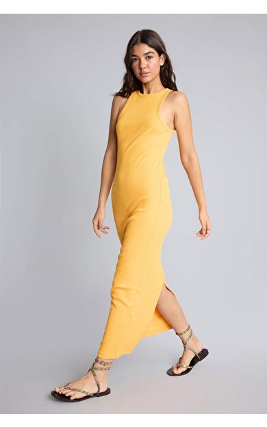 DeFacto Bodycon Vücudu Saran Halter Yaka Ribana Kolsuz Turuncu Maxi Elbise