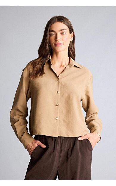 DeFacto Cropped Fıt Gömlek Yaka Uzun Kollu Gömlek