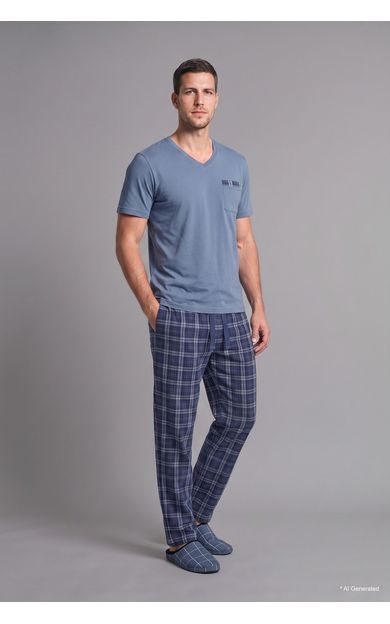 DeFacto New Regular Fıt Kısa Kollu Üst Ekose Alt 2'li Pijama Takımı