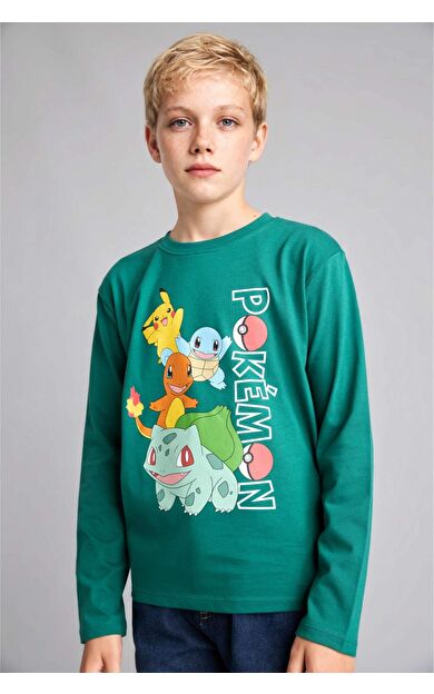 DeFacto Pokémon Lisanslı Oversıze Bisiklet Yaka Uzun Kollu Yeşil Tişört Erkek Çocuk