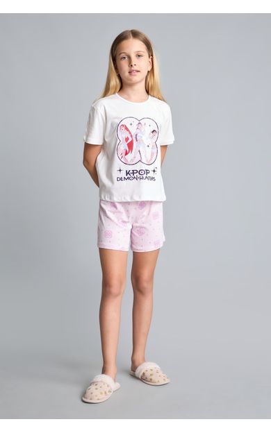 DeFacto Kpop - Demon Hunters Lisanslı Regular Fıt Elastik Bel 2'li Ekru Pijama Takımı Kız Çocuk