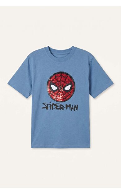 DeFacto Marvel Lisanslı Payetli Spıderman New Regular Fıt Bisiklet Yaka Kısa Kollu Mavi Tişört Erkek Çocuk