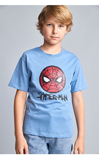 DeFacto Marvel Lisanslı Payetli Spıderman New Regular Fıt Bisiklet Yaka Kısa Kollu Mavi Tişört Erkek Çocuk