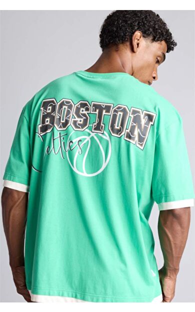 DeFacto NBA Boston Celtics Sırt Baskılı Şerit Detaylı Oversize Bisiklet Yaka Kısa Kollu Tişört