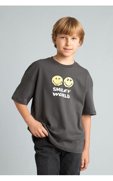 DeFacto %100 Pamuk Smiley World Oversıze Bisiklet Yaka Kısa Kollu Antrasit Tişört Erkek Çocuk