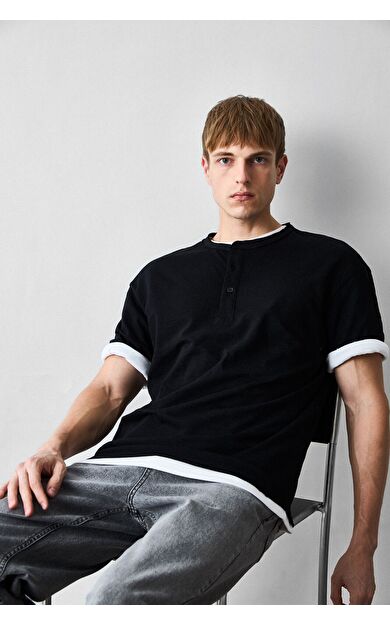 DeFacto Boxy Fit Henley Yaka Kısa Kollu Tişört