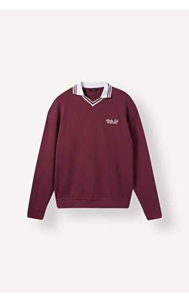 DeFacto Boxy Fıt Polo Yaka Baskılı Waffle Sweatshirt