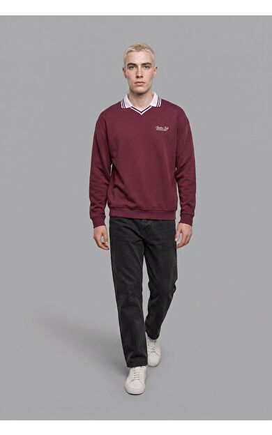 DeFacto Boxy Fıt Polo Yaka Baskılı Waffle Sweatshirt