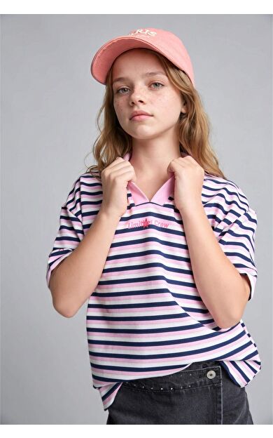 DeFacto Polo Yaka Desenli Sweatshirt Kumaşı Kısa Kollu Polo Tişört Kız Çocuk