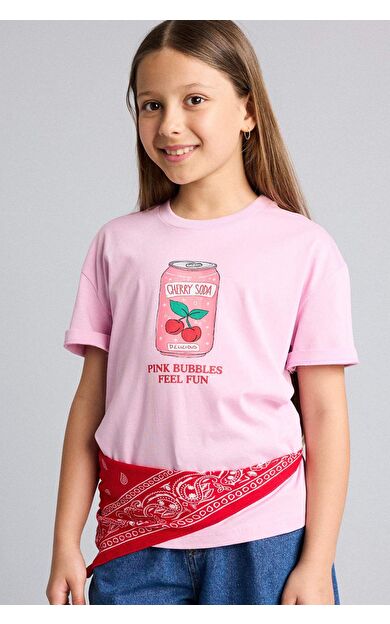 DeFacto Bisiklet Yaka Yan Baskılı Kısa Kollu Tişört Kız Çocuk