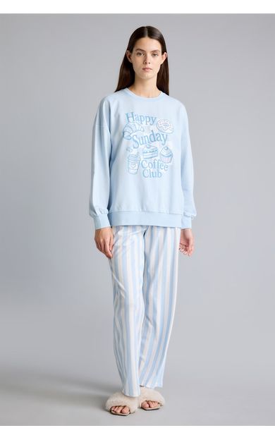 DeFacto Regular Fit Uzun Kollu Baskılı Üst Çizgili Alt Pijama Takımı