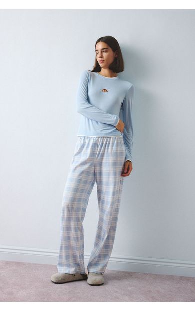 DeFacto Slım Fıt Uzun Kollu Baskılı Üst Kareli Alt Ribana Pijama Takımı