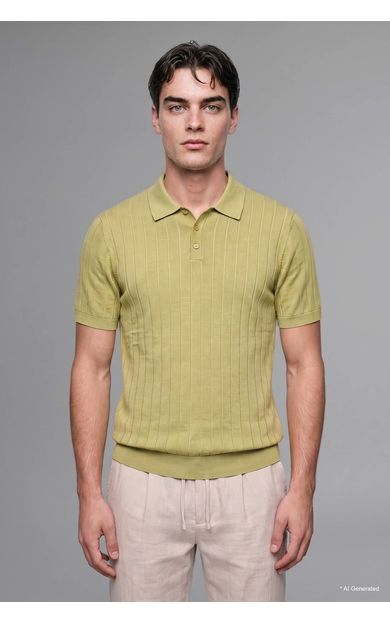 DeFacto Standart Fit Polo Yaka Kısa Kollu Dokulu Triko Tişört Yeşil