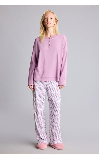 DeFacto Relaxed Fit Uzun Kollu Düğmeli Desenli Pijama Takımı