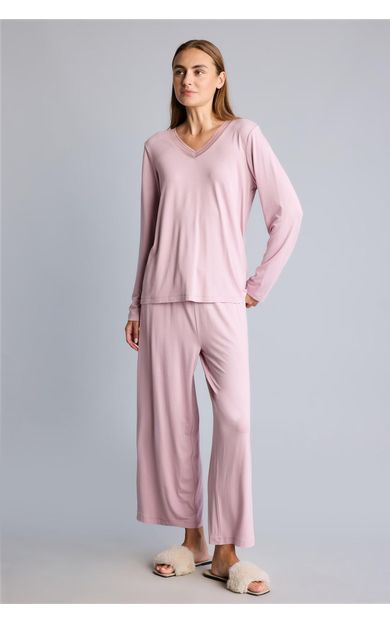 DeFacto Regular Fit V Yaka Uzun Kollu Üst Geniş Kesim Alt Pijama Takımı