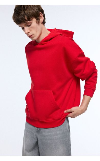 DeFacto Oversize Kapüşonlu Kanguru Cepli Kalın Basic Sweatshirt Kırmızı