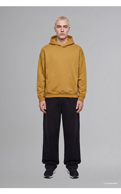 DeFacto Oversize Kapüşonlu Kanguru Cepli Kalın Basic Sweatshirt Sarı