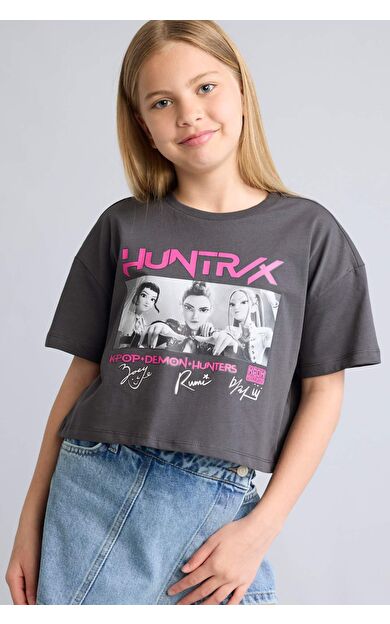 DeFacto Kpop - Demon Hunters Cropped Fıt Bisiklet Yaka Kısa Kollu Tişört Kız Çocuk