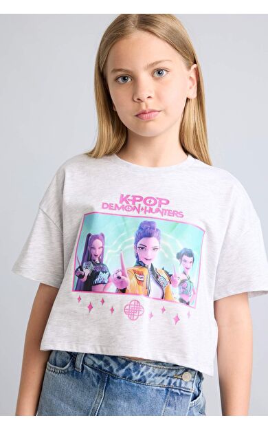 DeFacto Kpop - Demon Hunters Cropped Fıt Bisiklet Yaka Kısa Kollu Tişört Kız Çocuk