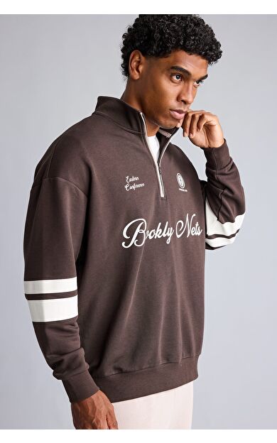 DeFacto NBA Brooklyn Nets Yarım Fermuarlı Dik Yaka Oversize Sweatshirt