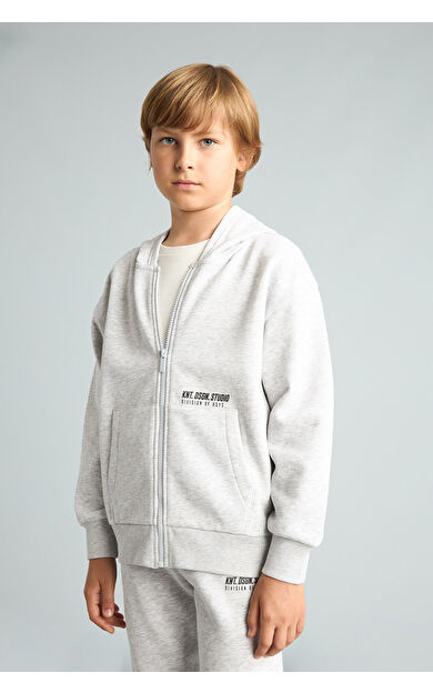 DeFacto Baskılı Kapüşonlu Fermuarlı Cepli Sweatshirt Hırka Erkek Çocuk