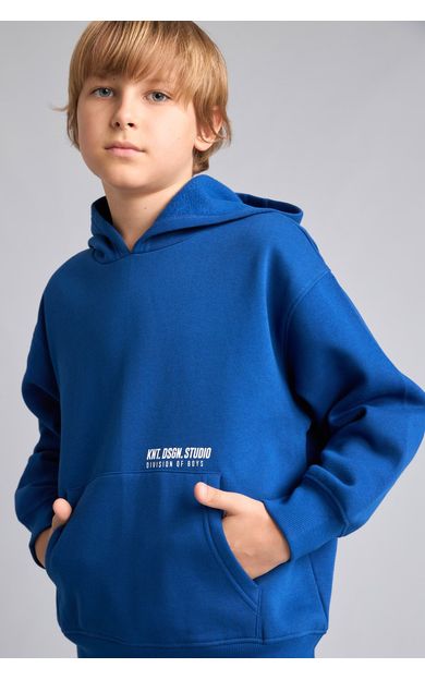 DeFacto Regular Fit Kapüşonlu Baskılı Kanguru Cepli Kalın Kumaş Sweatshirt Erkek Çocuk Mavi