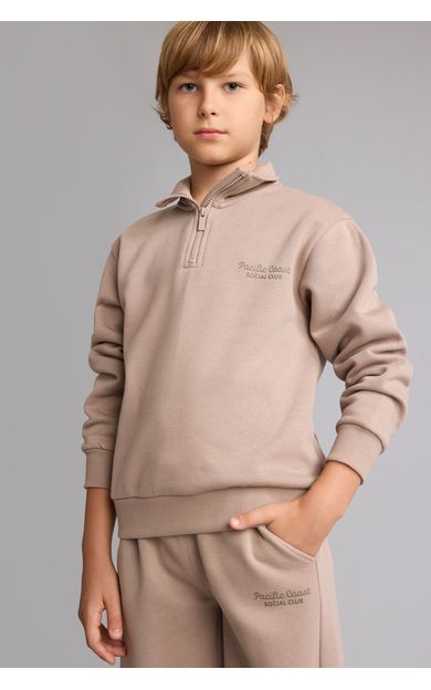 DeFacto Regular Fit Yarım Fermuarlı Dik Yaka İçi Yumuşak Tüylü Yazı İşlemeli Sweatshirt Erkek Çocuk Kahve