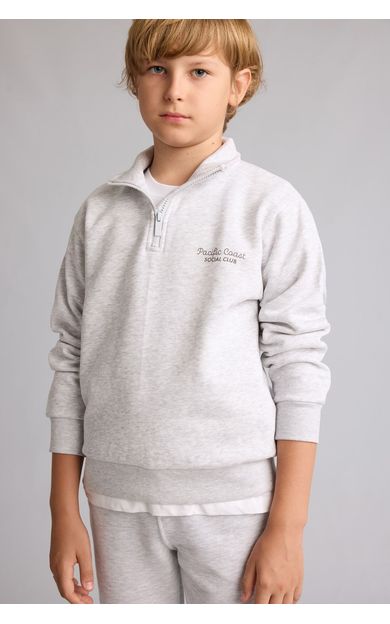 DeFacto Regular Fit Yarım Fermuarlı Dik Yaka İçi Yumuşak Tüylü Yazı İşlemeli Sweatshirt Erkek Çocuk Gri