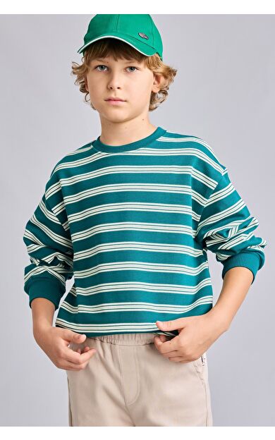 DeFacto Oversize Bisiklet Yaka Çizgili Erkek Çocuk Sweatshirt