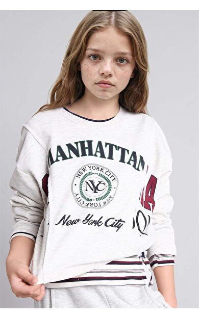 DeFacto Relax Fıt Bisiklet Yaka Baskılı Kalın Sweatshirt Kız Çocuk