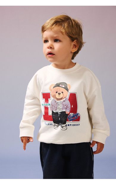 DeFacto %100 Pamuk Oversıze Bisiklet Yaka Ayıcık Baskılı Sweatshirt Kumaşı Sweatshirt Erkek Bebek