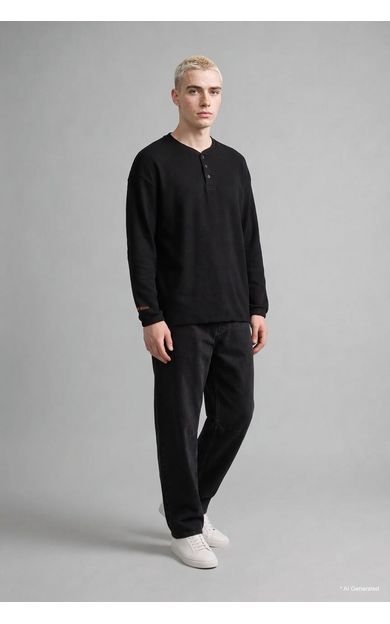 DeFacto Boxy Fit Bisiklet Yaka Düğmeli Baskılı Sweatshirt