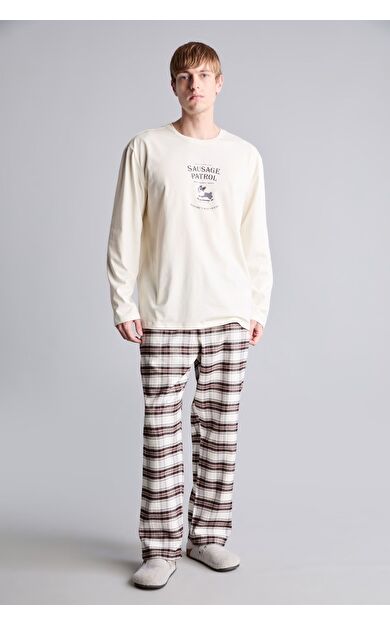 DeFacto Baskılı Ekoseli New Regular Fit Uzun Kollu 2'li Flanel Pijama Takımı
