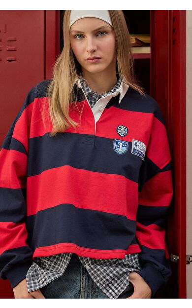 DeFacto Loose Fıt Polo Yaka Renk Bloklu Nakışlı Sweatshirt