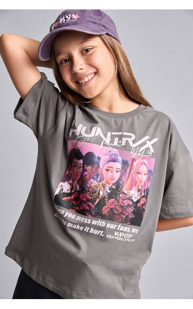 DeFacto %100 Pamuk Kpop - Demon Hunters Lisanslı Bisiklet Yaka Kısa Kollu Gri Tişört Kız Çocuk
