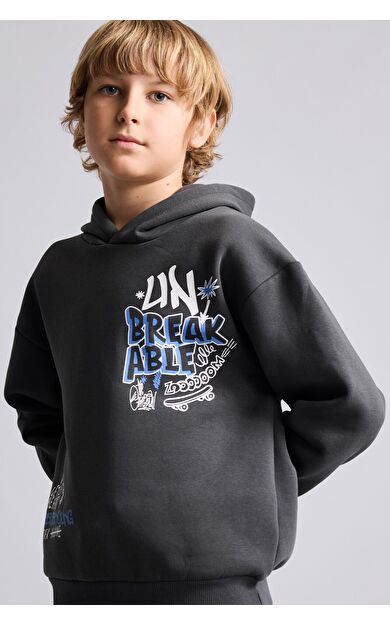 DeFacto Oversize Kapüşonlu Önü Baskılı İçi Yumuşak Tüylü Sweatshirt Erkek Çocuk