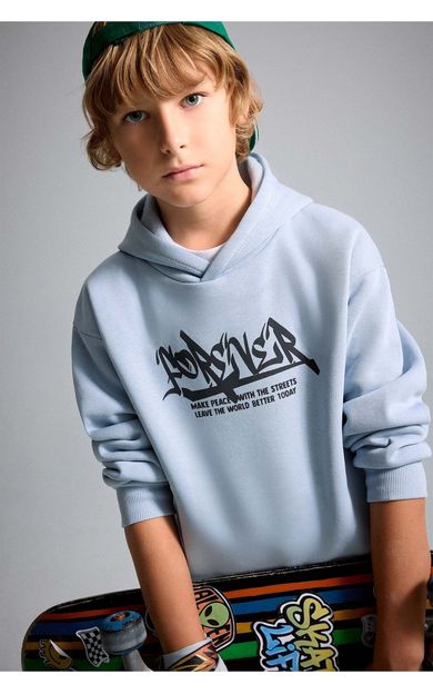 DeFacto Oversize Kapüşonlu Önü Baskılı İçi Yumuşak Tüylü Sweatshirt Erkek Çocuk Mavi