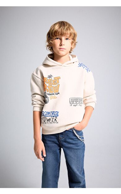 DeFacto Grafik Baskılı Oversize Kapüşonlu İçi Yumuşak Tüylü Sweatshirt Erkek Çocuk