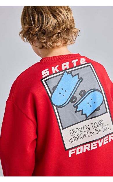 DeFacto Oversize Bisiklet Yaka Sırtı Kaykay Baskılı İçi Yumuşak Tüylü Sweatshirt Erkek Çocuk