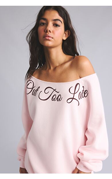 DeFacto Oversize Kesik Kayık Yaka Baskılı Sweatshirt