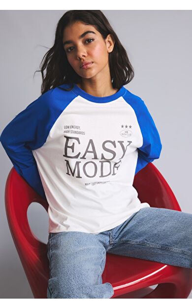 DeFacto Oversize Bisiklet Yaka Reglan Kollu Grafik Baskılı Tişört